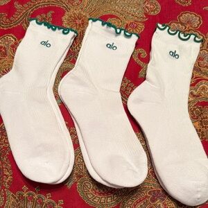 White Crew Socks with Green ruffle  Trim - Set of 3